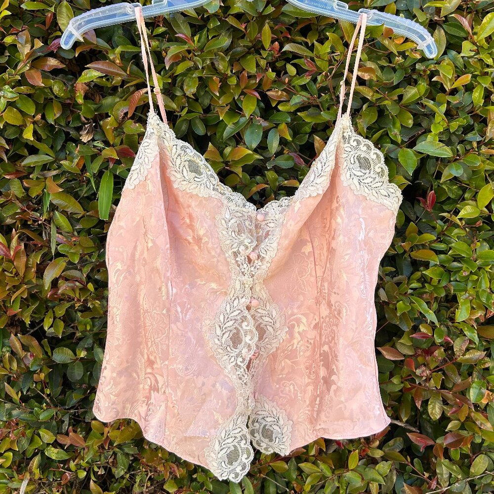 1980s Victoria's Secret Serena Pink Jacquard Lace Camisole